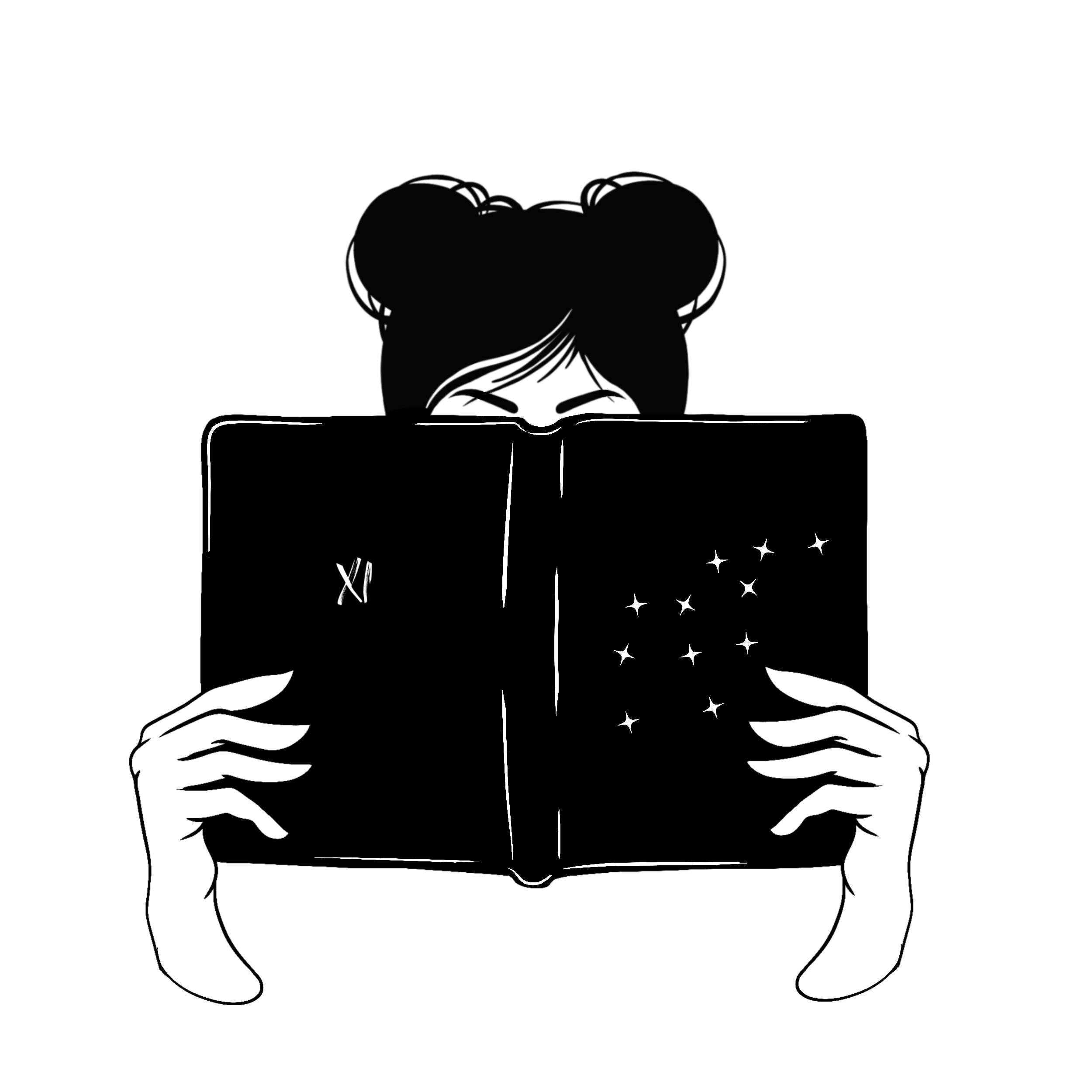 black and white illustration of a female reading a book